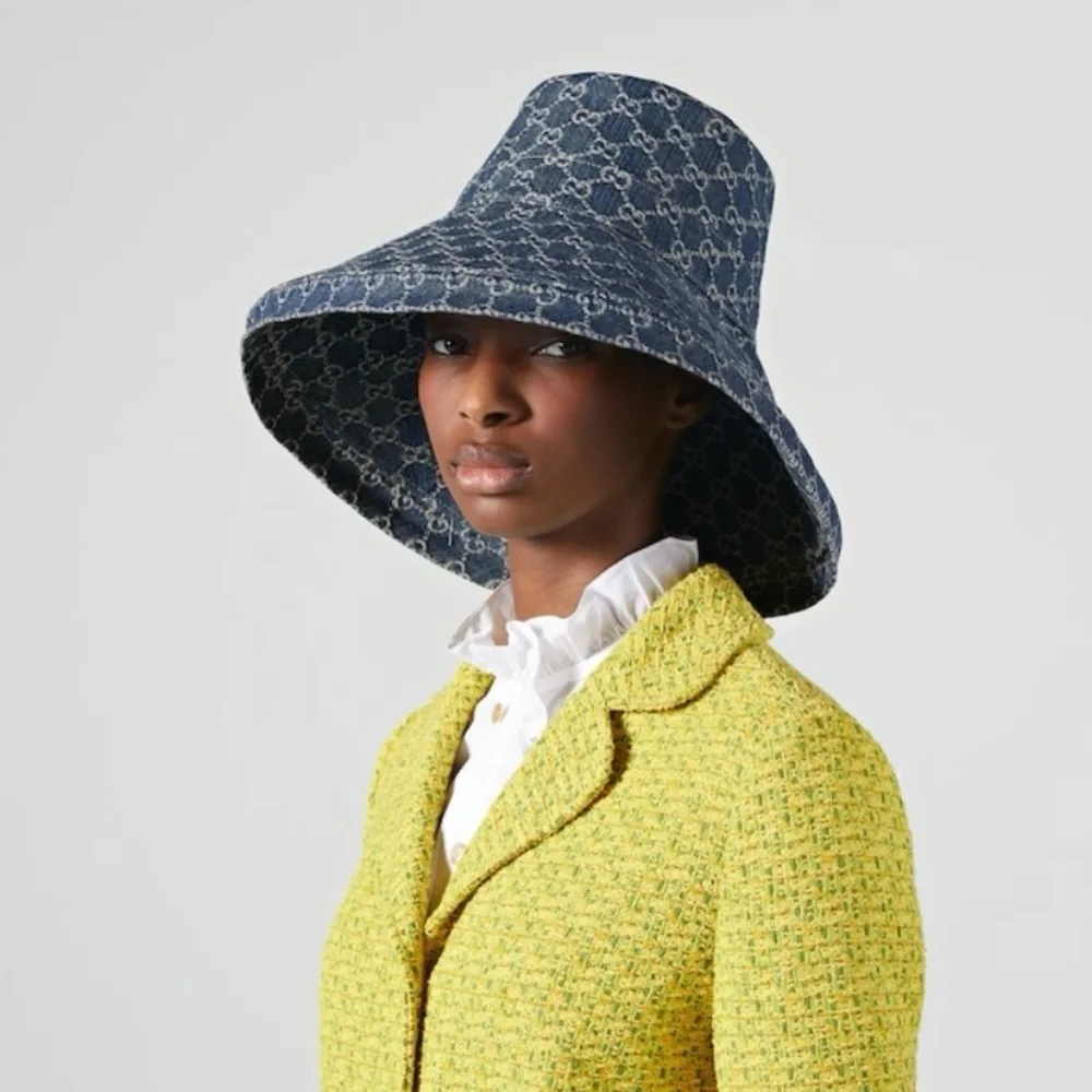 Denim Monogram Wide Large Brim Jacquard Bucket Hat Navy Blue Beach Sun Coverage - Picture 5 of 16